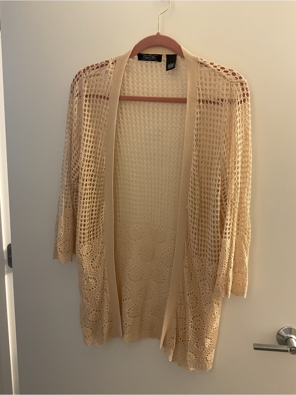 Open-Knit Beige Crochet Cardigan Sweater